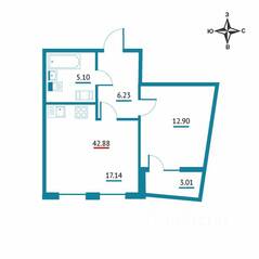 ЖК «Левитан», планировка 1-комнатной квартиры, 42.88 м²