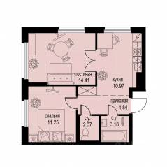 ЖК «ID Murino III», планировка 2-комнатной квартиры, 46.72 м²