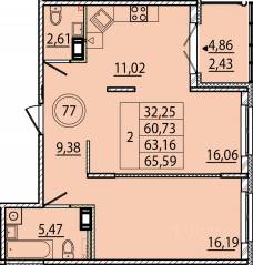 МЖК «Образцовый квартал 15», планировка 2-комнатной квартиры, 60.73 м²