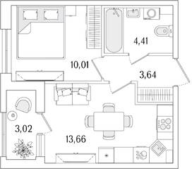 ЖК «Гранат», планировка 1-комнатной квартиры, 33.23 м²