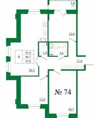 ЖК «Орловский бульвар», планировка 3-комнатной квартиры, 87.80 м²