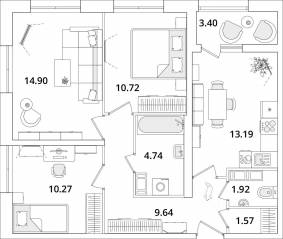 ЖК «БелАрт», планировка 3-комнатной квартиры, 67.50 м²