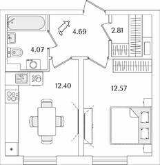 ЖК «Кинопарк», планировка 1-комнатной квартиры, 36.54 м²