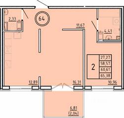 МЖК «Образцовый квартал 16», планировка 2-комнатной квартиры, 58.57 м²