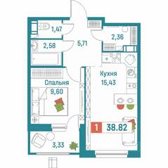 ЖК «Графика», планировка 1-комнатной квартиры, 38.82 м²