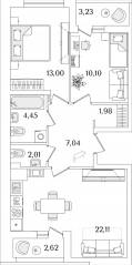 ЖК «Лайнеръ», планировка 2-комнатной квартиры, 63.62 м²