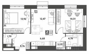ЖК Арт-квартал «Публицист», планировка 2-комнатной квартиры, 62.46 м²