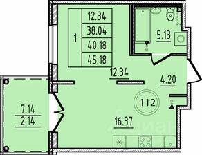 МЖК «Образцовый квартал 14», планировка 1-комнатной квартиры, 38.04 м²