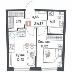 ЖК «Авиатор» (Девяткино), планировка 1-комнатной квартиры, 35.17 м²