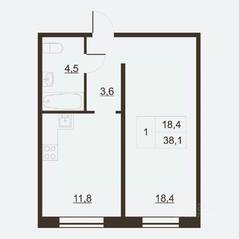 ЖК «Дом на набережной», планировка 1-комнатной квартиры, 38.30 м²