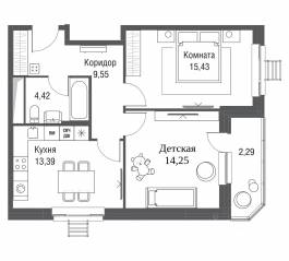 ЖК «Одинбург», планировка 2-комнатной квартиры, 59.33 м²