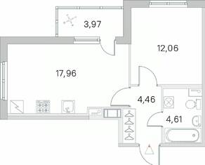 ЖК «Югтаун. Олимпийские кварталы», планировка 1-комнатной квартиры, 41.08 м²