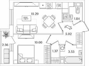 ЖК «Кинопарк», планировка 1-комнатной квартиры, 38.33 м²