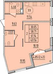 МЖК «Образцовый квартал 17», планировка 2-комнатной квартиры, 58.71 м²