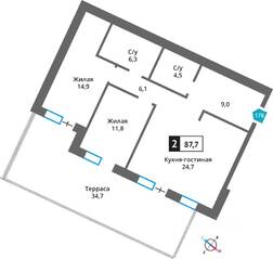 ЖК «Отрада на реке», планировка 2-комнатной квартиры, 77.30 м²