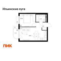 ЖК «Ильинские луга», планировка 1-комнатной квартиры, 36.83 м²