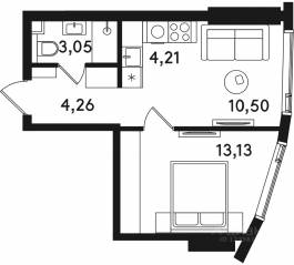 ЖК «Solos», планировка 1-комнатной квартиры, 35.15 м²