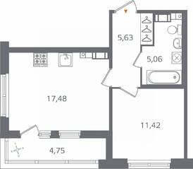 ЖК «Б15», планировка 1-комнатной квартиры, 41.97 м²