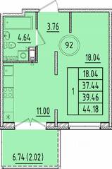 МЖК «Образцовый квартал 17», планировка 1-комнатной квартиры, 37.44 м²