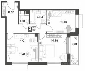 ЖК Арт-квартал «Публицист», планировка 2-комнатной квартиры, 61.11 м²