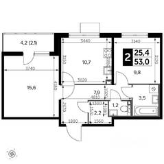 ЖК «Южная Битца», планировка 2-комнатной квартиры, 53.60 м²