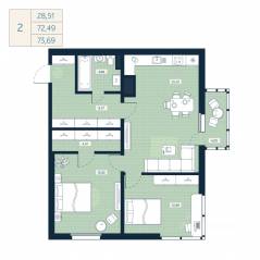 ЖК «Belevsky Club», планировка 2-комнатной квартиры, 72.49 м²