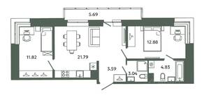 ЖК «Загляденье», планировка 2-комнатной квартиры, 57.95 м²