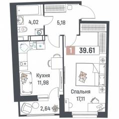 ЖК «Авиатор» (Девяткино), планировка 1-комнатной квартиры, 39.61 м²