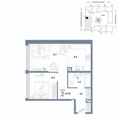 ЖК «Страна.Озерная», планировка 2-комнатной квартиры, 47.70 м²