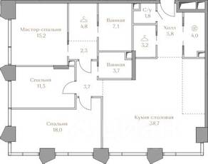 ЖК «Коллекция Лужники», планировка 3-комнатной квартиры, 119.60 м²
