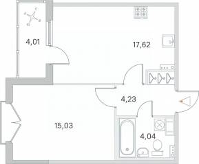 МЖК «Любоград», планировка 1-комнатной квартиры, 42.93 м²