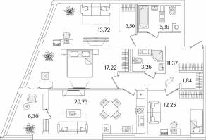 ЖК «Лайнеръ», планировка 3-комнатной квартиры, 92.40 м²