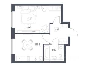 ЖК «Новое Видное», планировка 1-комнатной квартиры, 34.98 м²