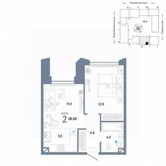 ЖК «Страна.Озерная», планировка 2-комнатной квартиры, 38.00 м²