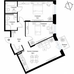 МЖК «Экография», планировка 2-комнатной квартиры, 63.70 м²
