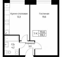 Апарт-комплекс «Aist Residence», планировка 1-комнатной квартиры, 39.10 м²