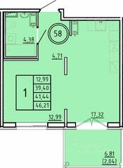МЖК «Образцовый квартал 16», планировка 1-комнатной квартиры, 39.40 м²