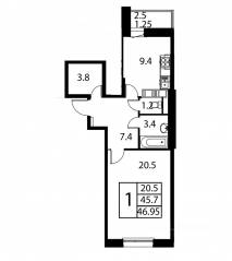 ЖК «Космос», планировка 1-комнатной квартиры, 46.95 м²