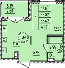 МЖК «Образцовый квартал 14», планировка 1-комнатной квартиры, 35.82 м²