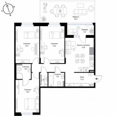 МЖК «Экография», планировка 3-комнатной квартиры, 91.60 м²