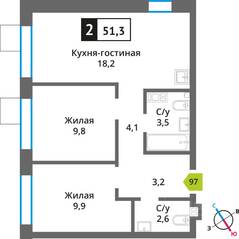 ЖК «Никольский квартал Отрада», планировка 1-комнатной квартиры, 51.30 м²