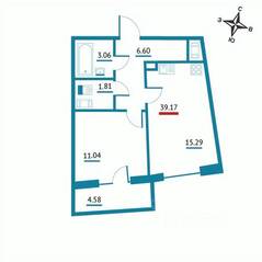 ЖК «Левитан», планировка 1-комнатной квартиры, 39.17 м²