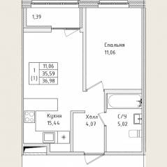 ЖК «Этала», планировка 1-комнатной квартиры, 36.36 м²