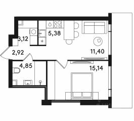 ЖК «Solos», планировка 1-комнатной квартиры, 42.81 м²