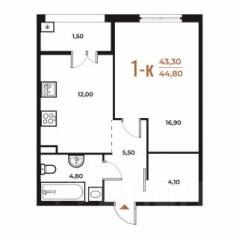 ЖК «Новое Летово», планировка 1-комнатной квартиры, 44.80 м²