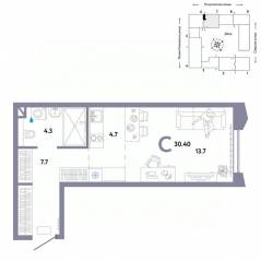 ЖК «Страна.Озерная», планировка студии, 30.40 м²