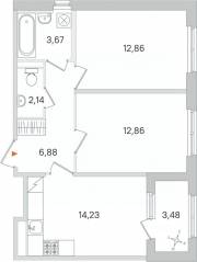 МЖК «Дубровский», планировка 2-комнатной квартиры, 54.38 м²
