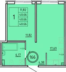 МЖК «Образцовый квартал 16», планировка 1-комнатной квартиры, 40.66 м²