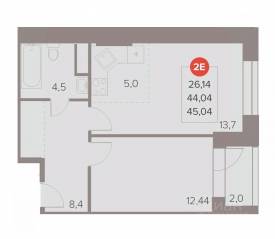 ЖК «Отлично», планировка 2-комнатной квартиры, 45.04 м²