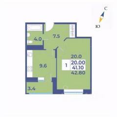 ЖК «Эдельвейс» (ЦентрСтрой), планировка 1-комнатной квартиры, 42.80 м²